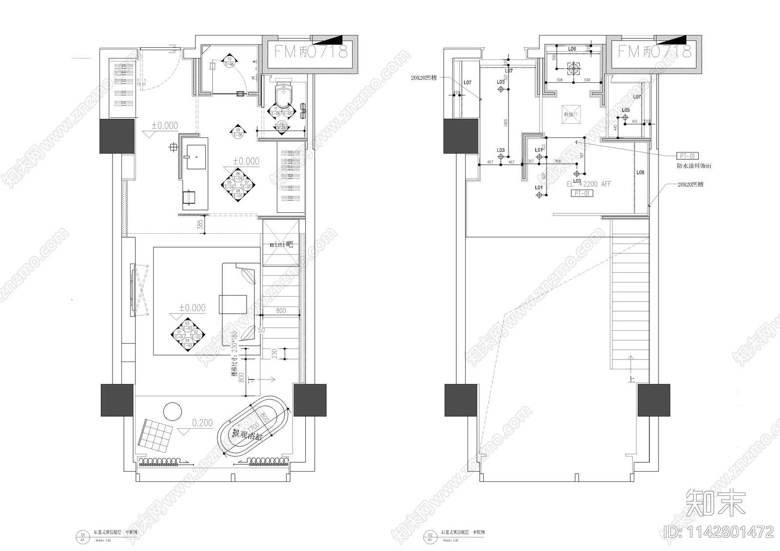 酒店复式客房室内施工图下载【ID:1142801472】