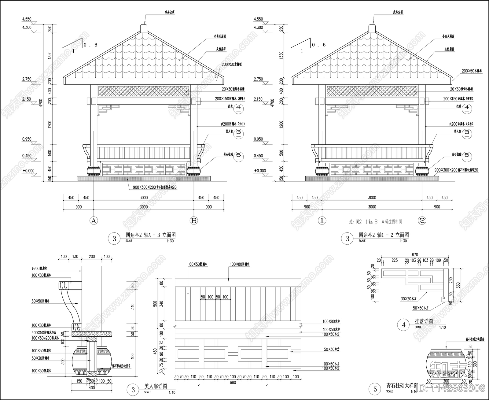 乡村风格四角亭详图施工图下载【ID:1142803908】