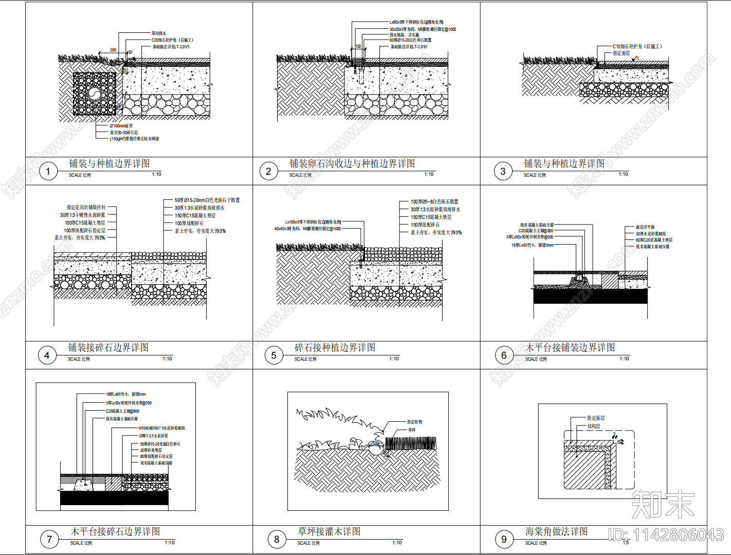 景观铺装与种植碎石边界详图施工图下载【ID:1142806043】