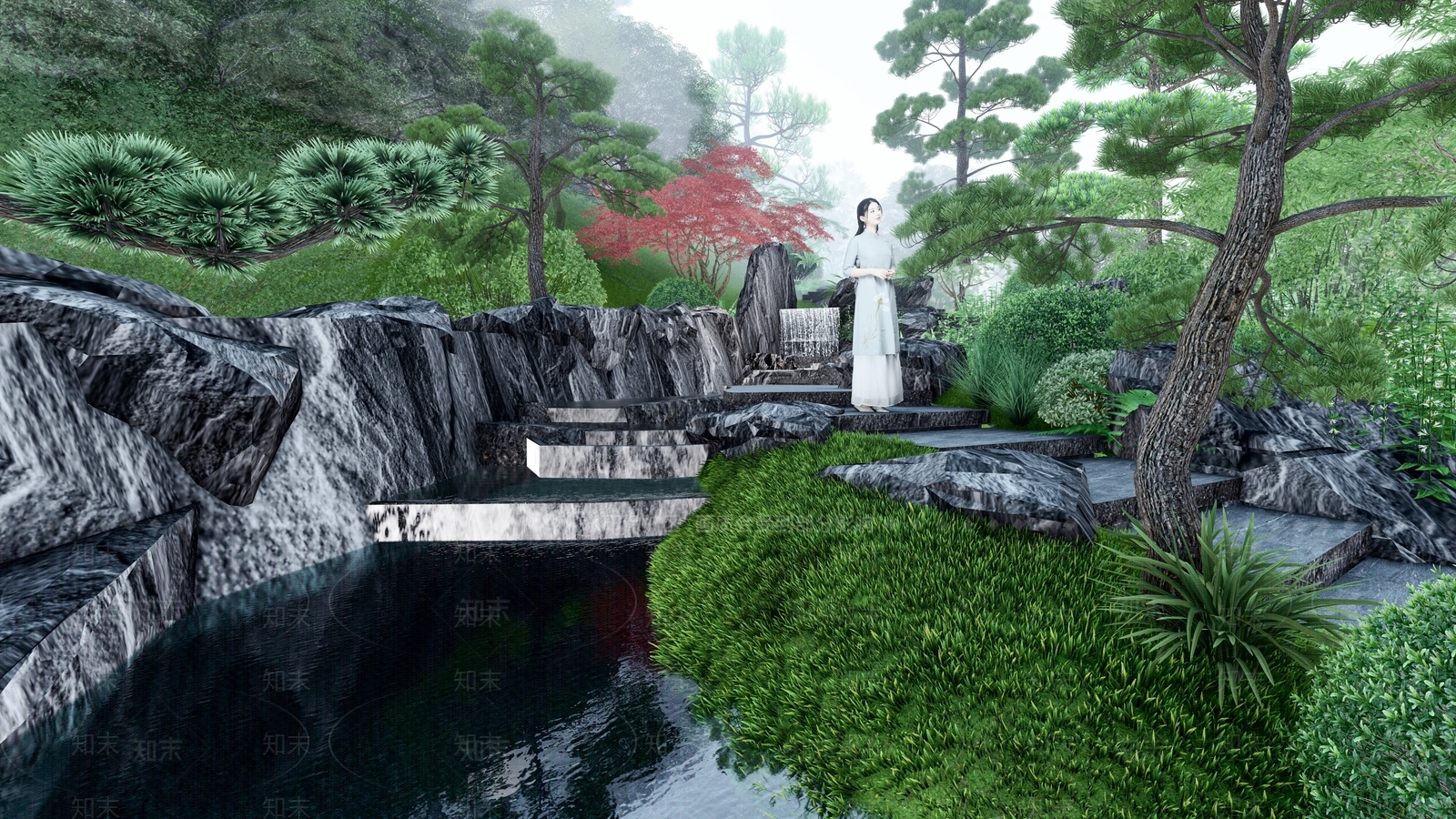 现代跌水景观SU模型下载【ID:1142812764】