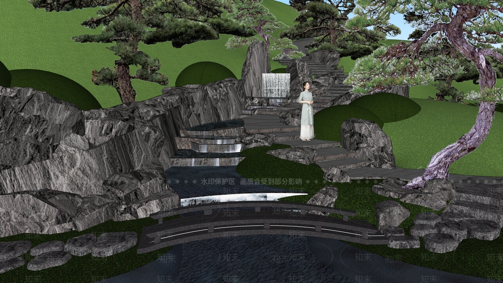 现代跌水景观SU模型下载【ID:1142812764】