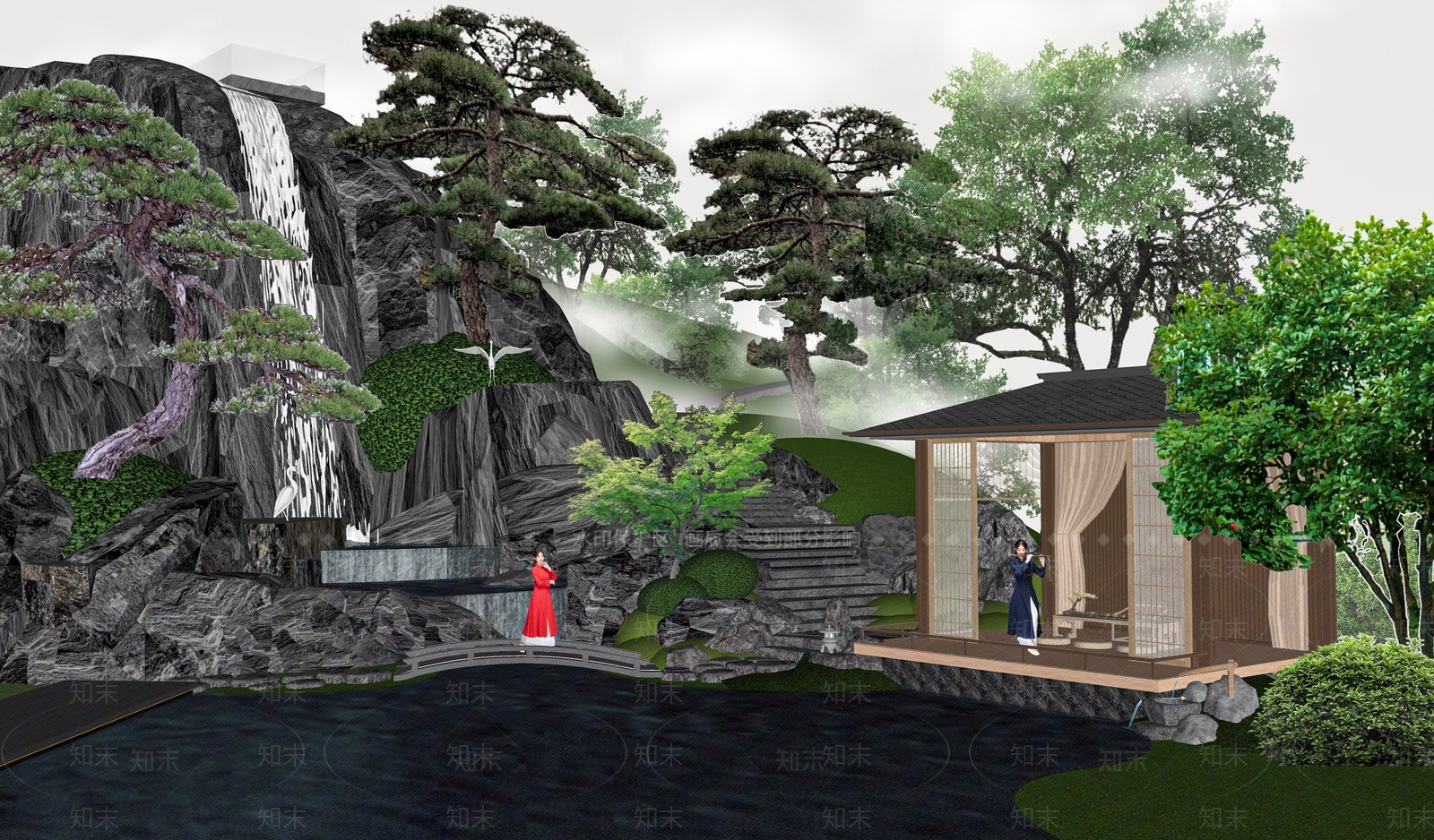 现代叠水景观SU模型下载【ID:1142813471】