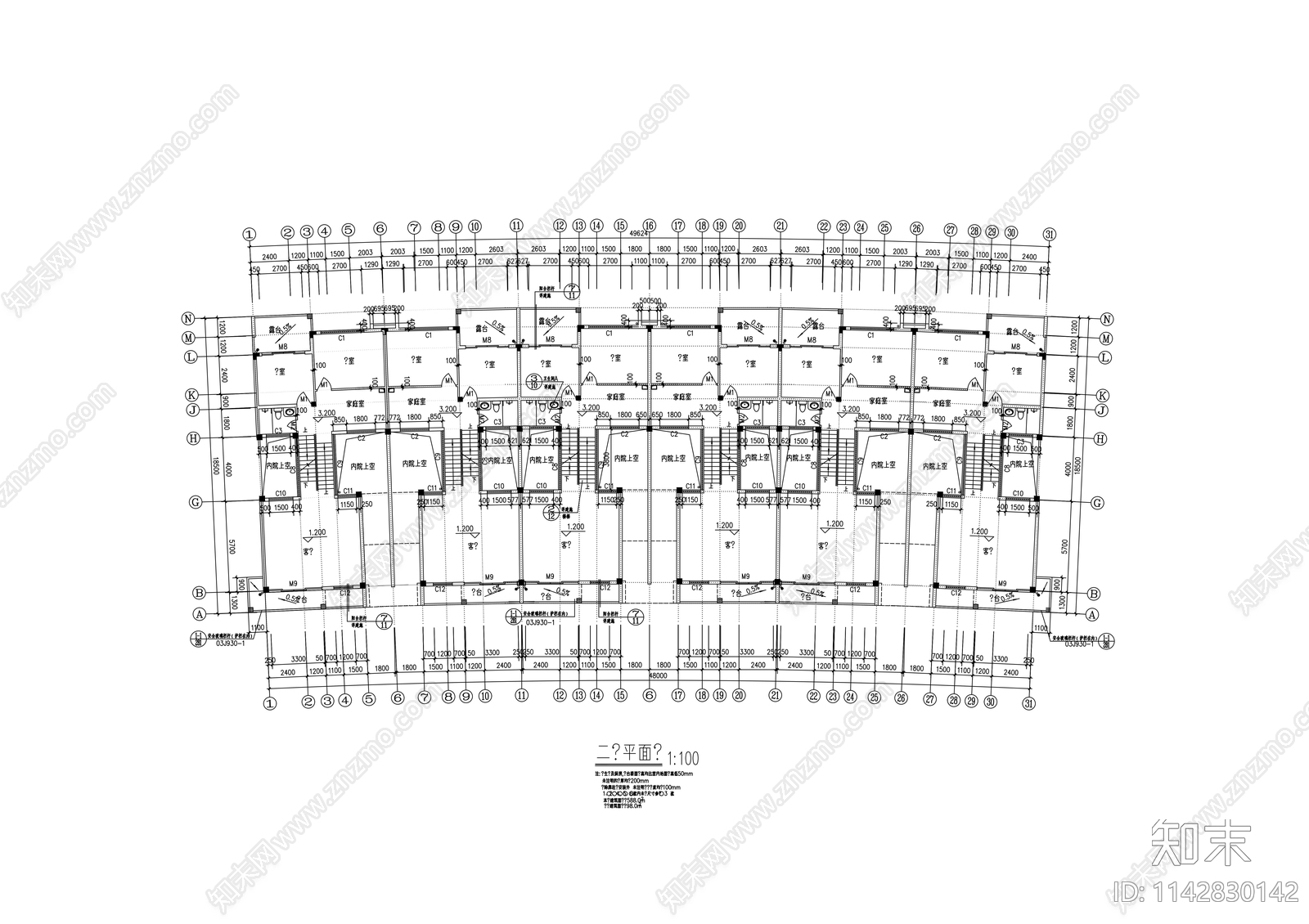 连排别墅建筑cad施工图下载【ID:1142830142】