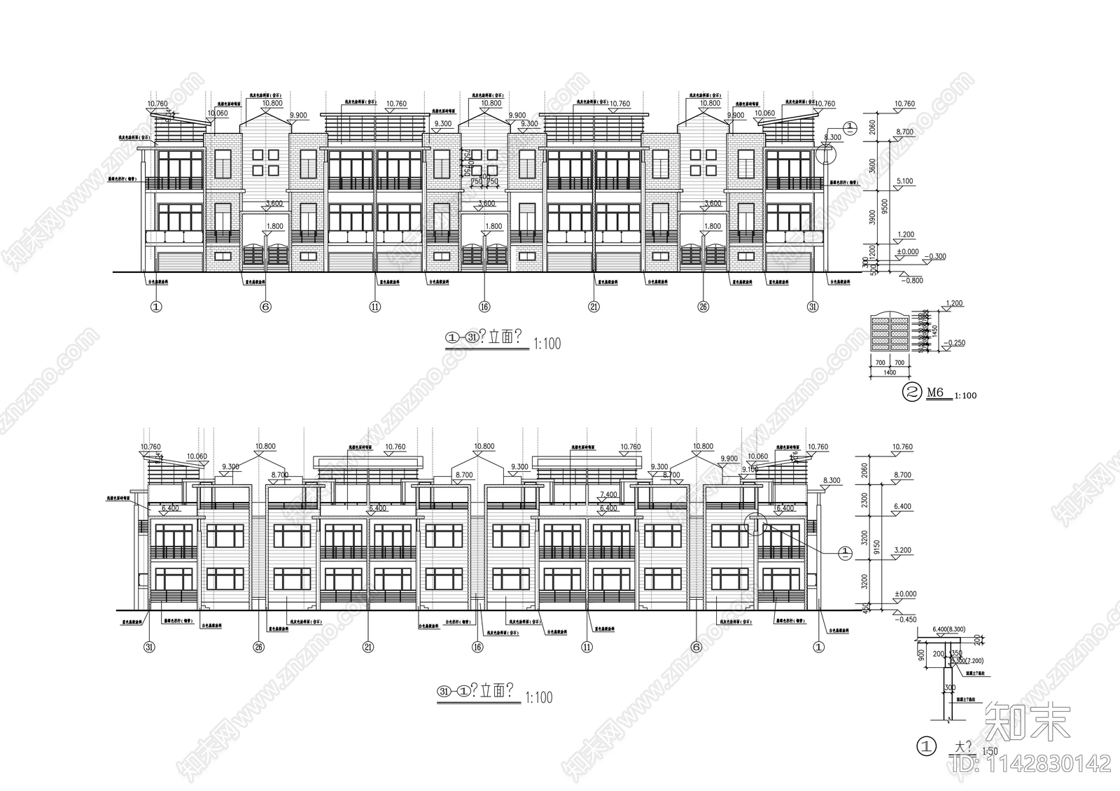 连排别墅建筑cad施工图下载【ID:1142830142】