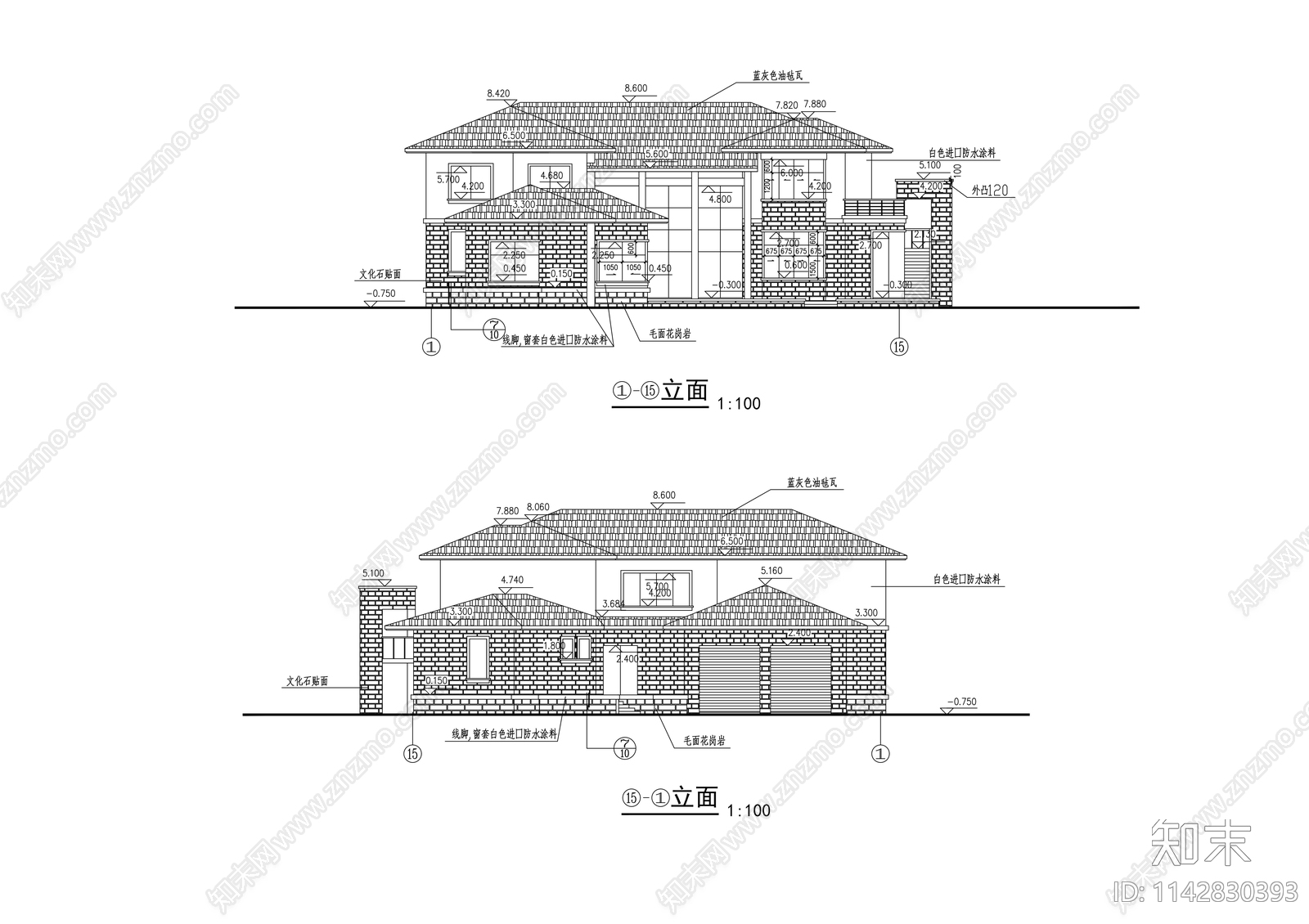 两层独立豪华别墅建筑cad施工图下载【ID:1142830393】