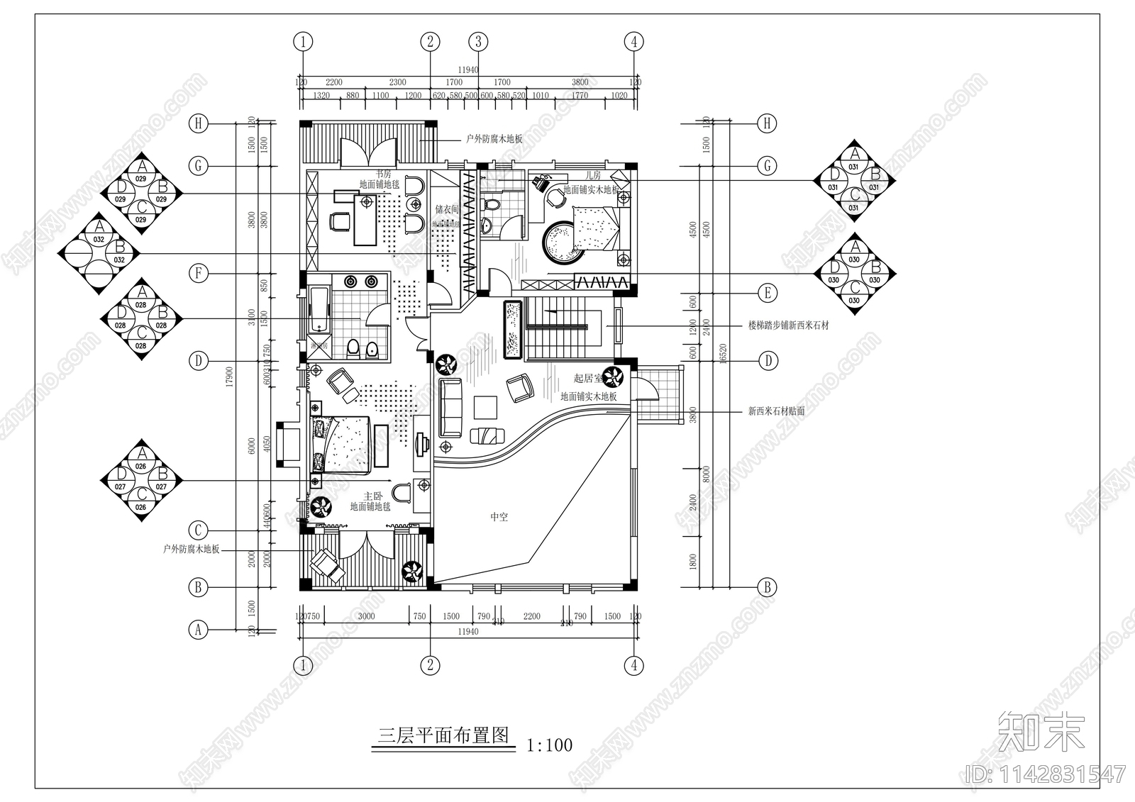 别墅样板间室内装修cad施工图下载【ID:1142831547】