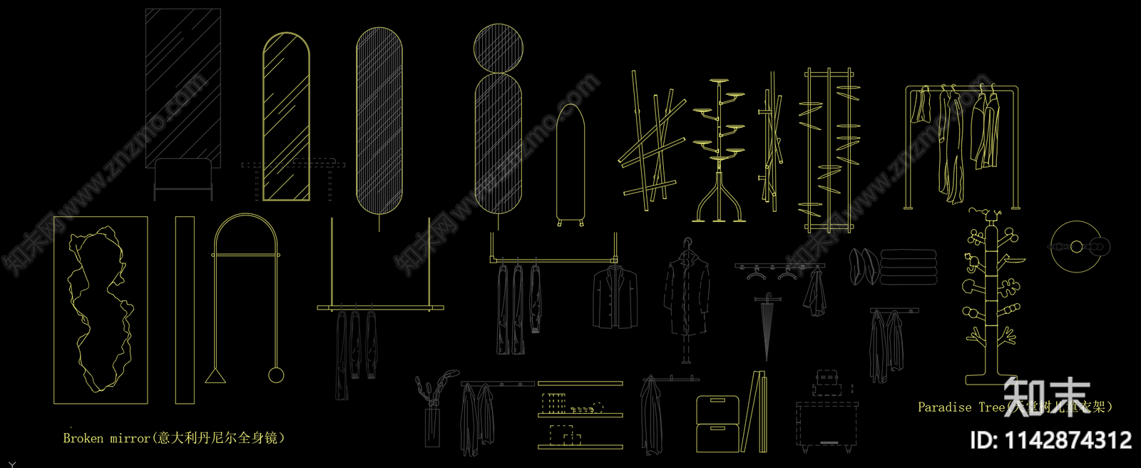 全身镜衣架衣服立面施工图下载【ID:1142874312】