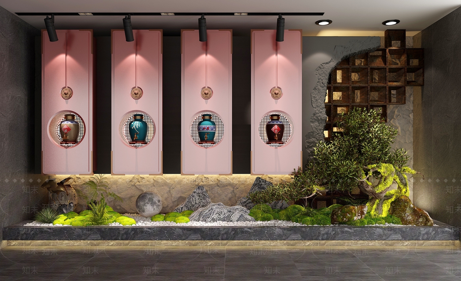 现代中式造景背景墙3D模型3D模型下载【ID:1142878390】