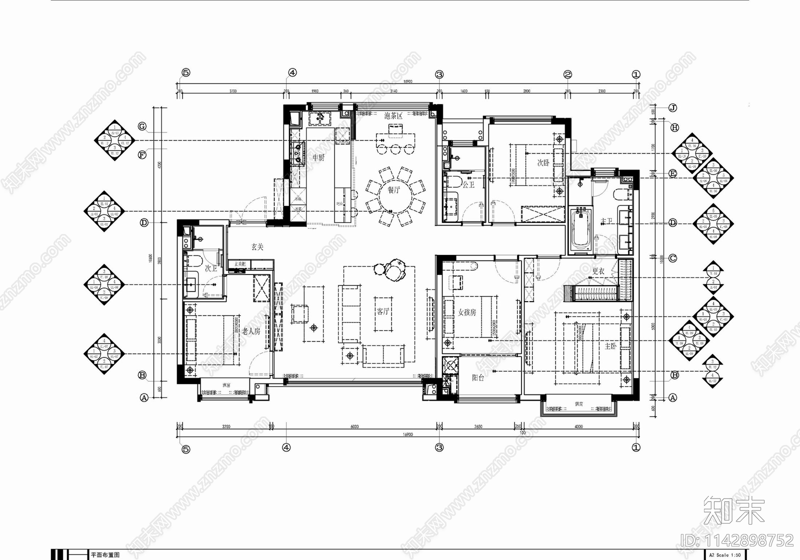 150㎡四居室家装室内cad施工图下载【ID:1142898752】