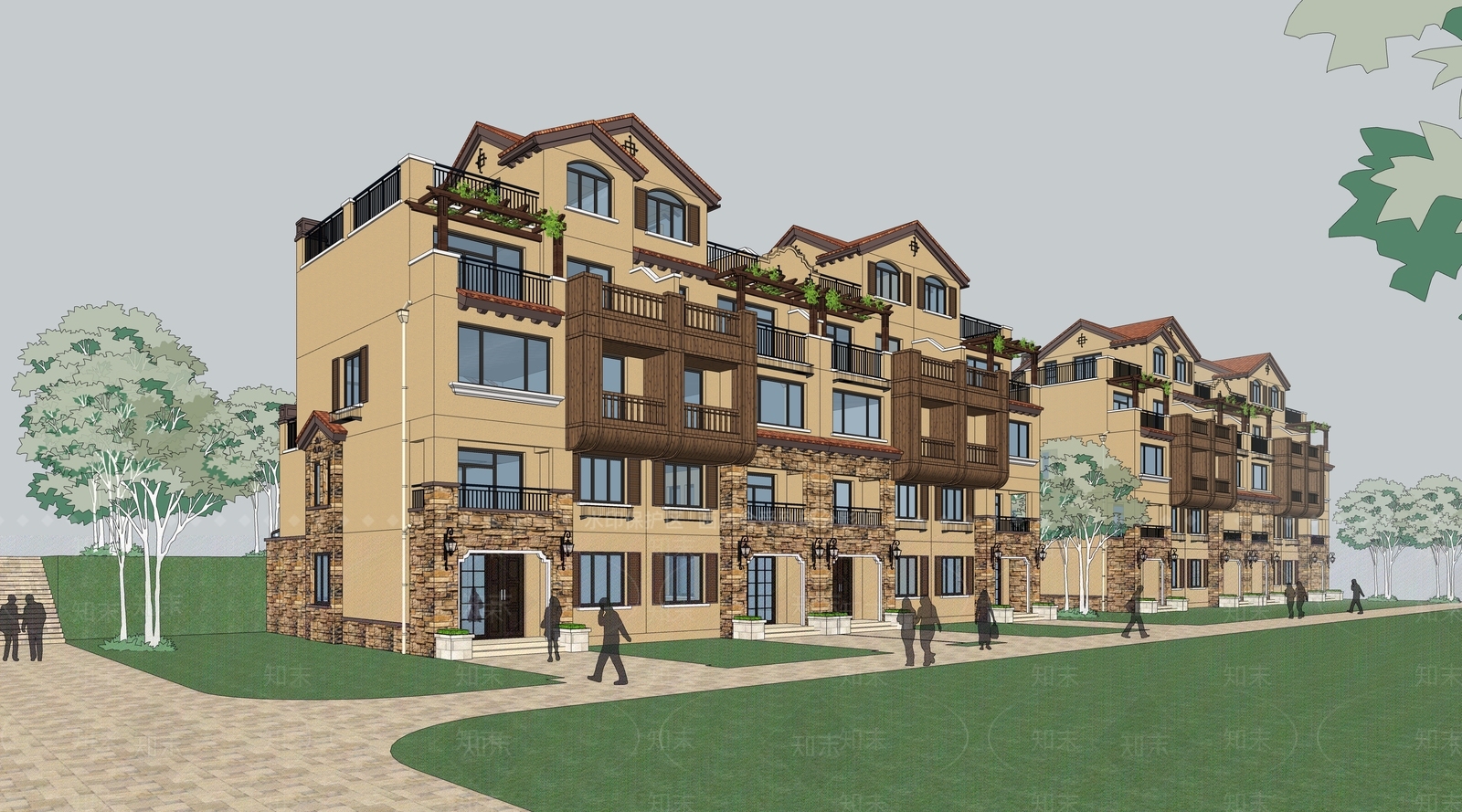 西班牙双拼别墅SU模型下载【ID:1142903360】