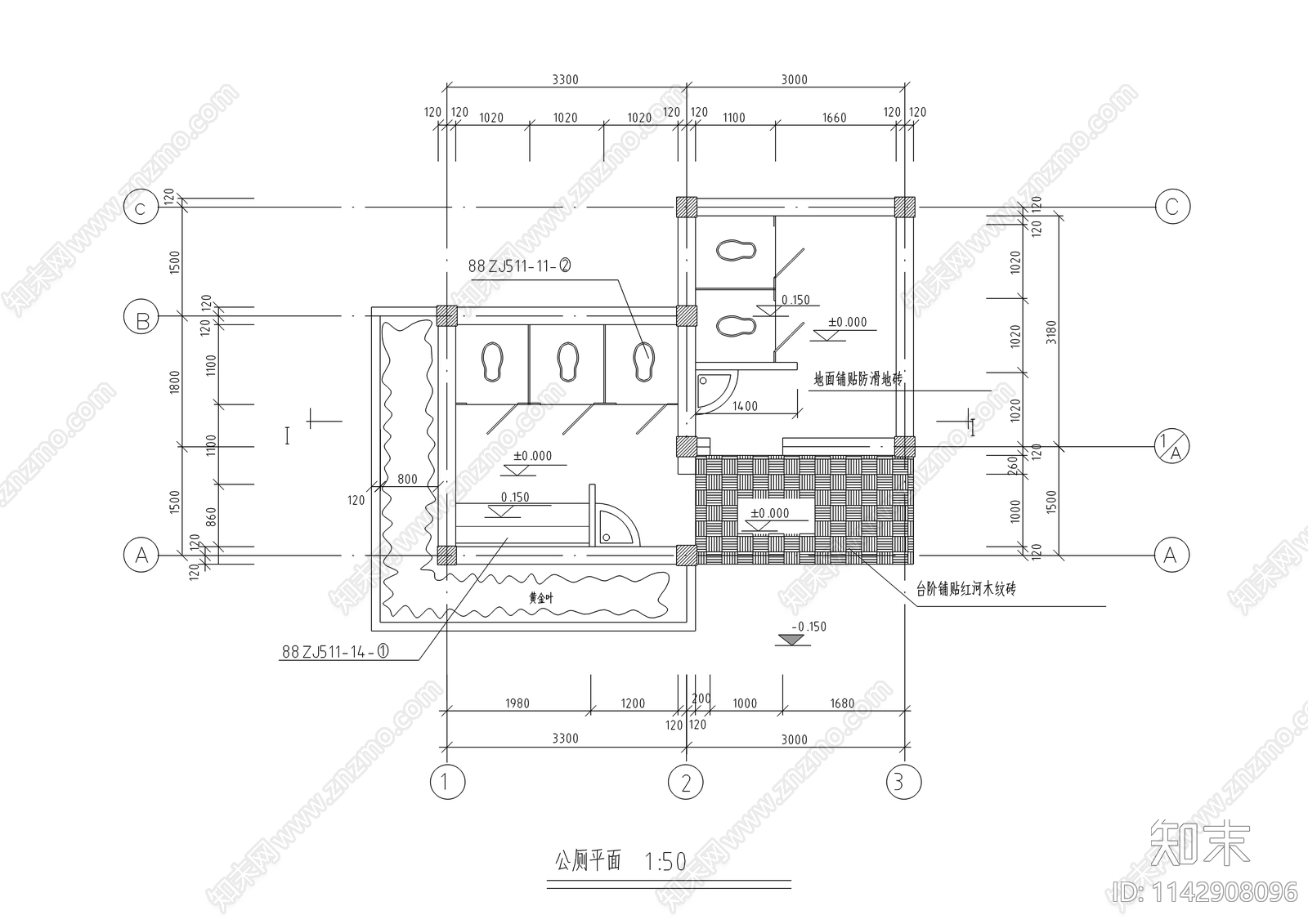 中式公共厕所建筑cad施工图下载【ID:1142908096】
