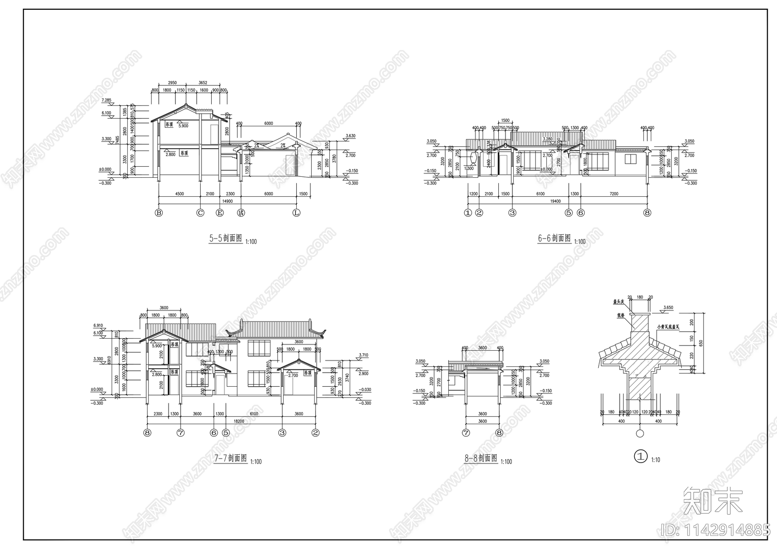 三套古建别墅建筑cad施工图下载【ID:1142914885】