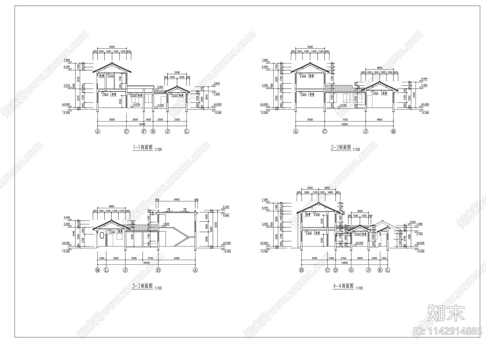 三套古建别墅建筑cad施工图下载【ID:1142914885】