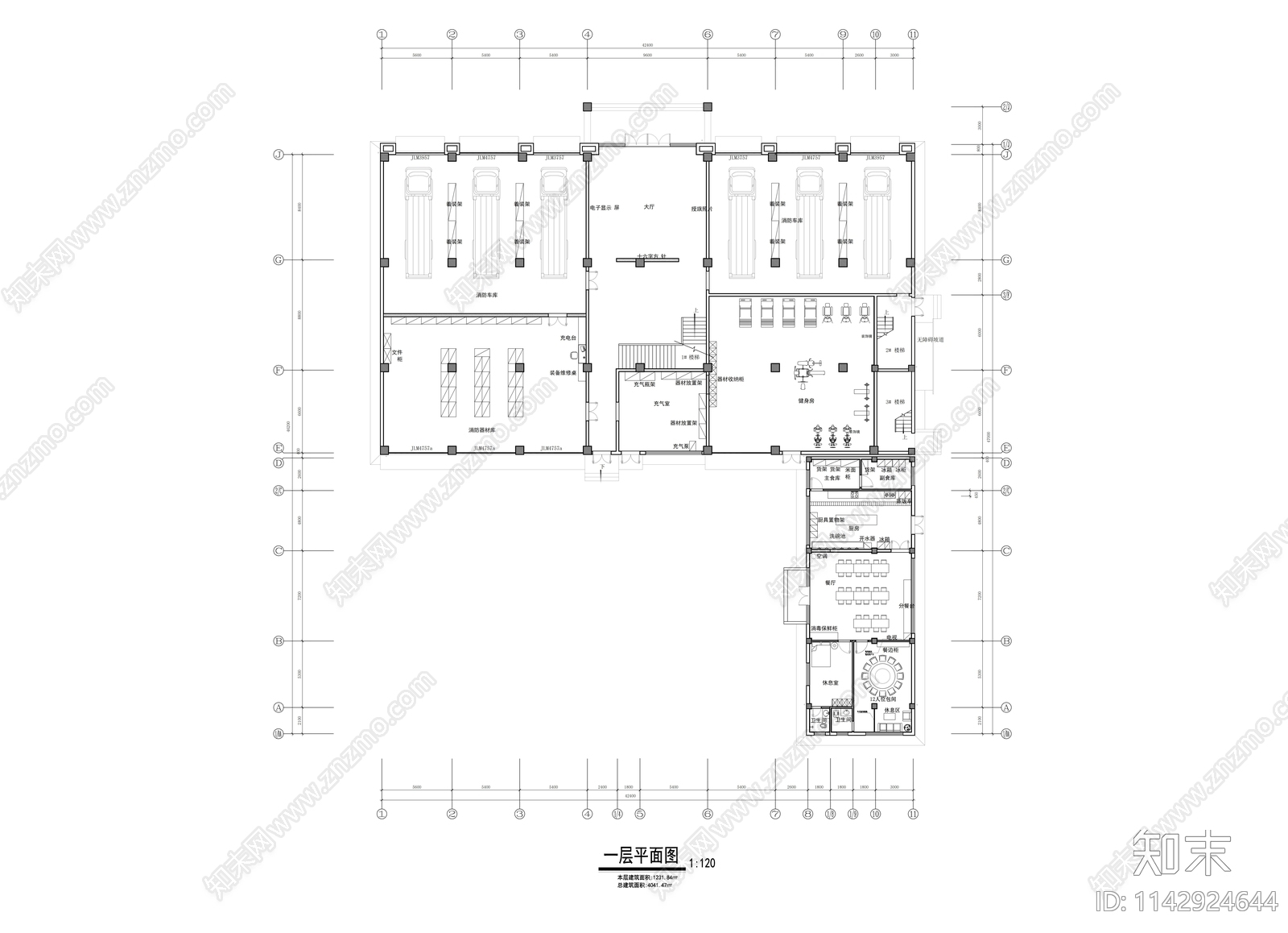 4000m²消防站室内平面布置图施工图下载【ID:1142924644】