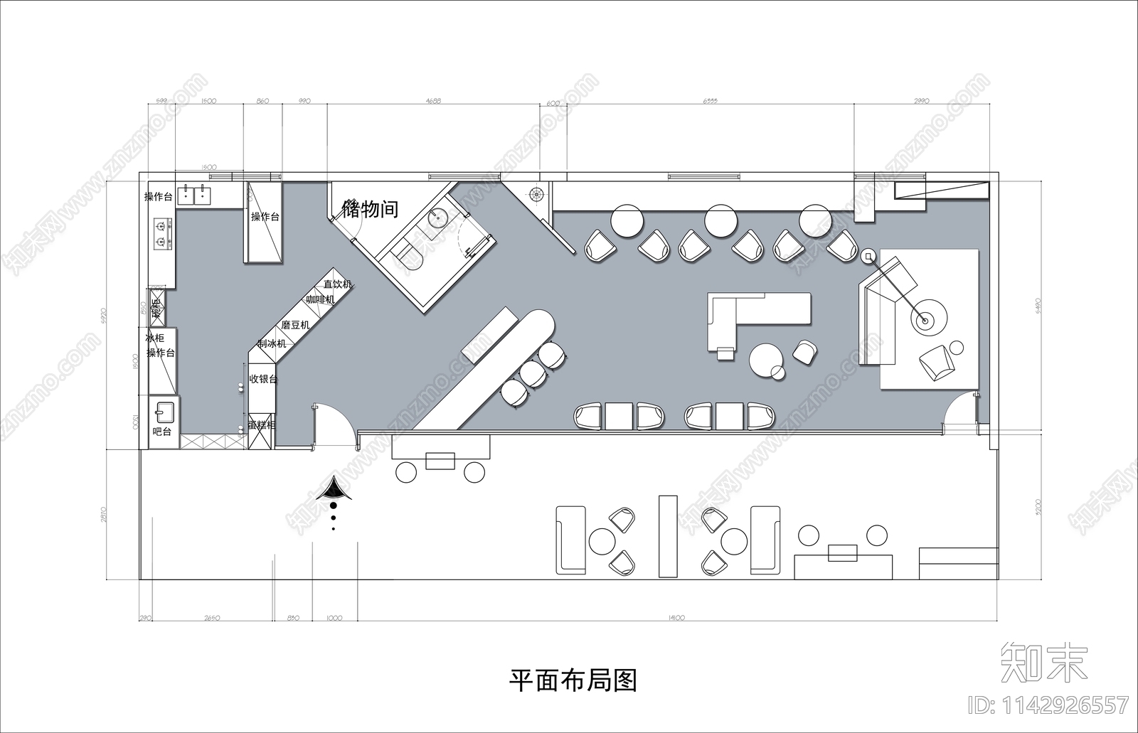 咖啡奶茶店平面布置图施工图下载【ID:1142926557】