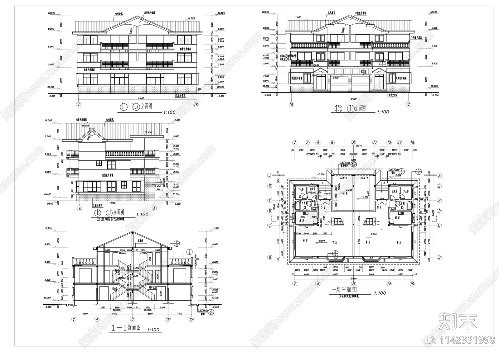 三层双拼别墅建筑cad施工图下载【ID:1142931998】