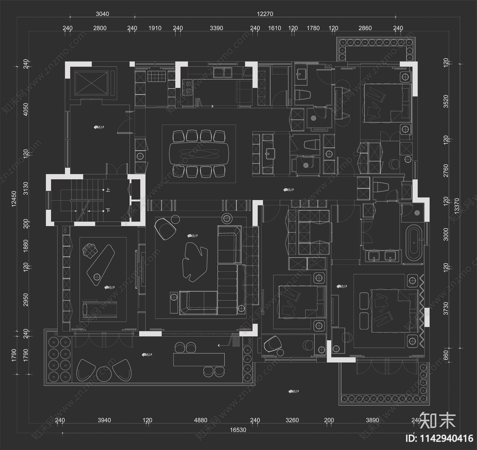 10套大平层室内平面布置图施工图下载【ID:1142940416】