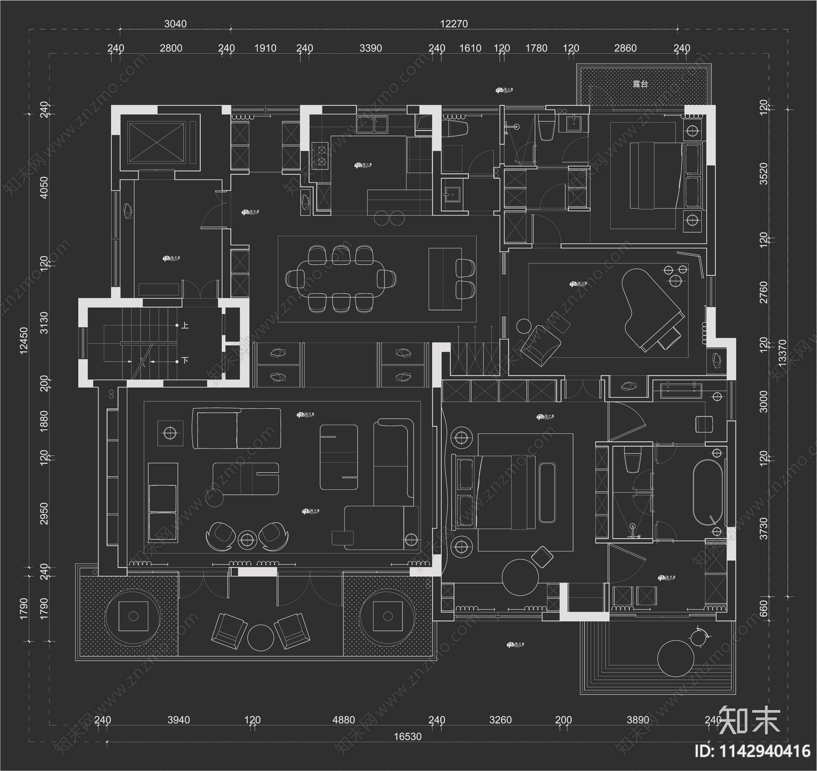 10套大平层室内平面布置图施工图下载【ID:1142940416】