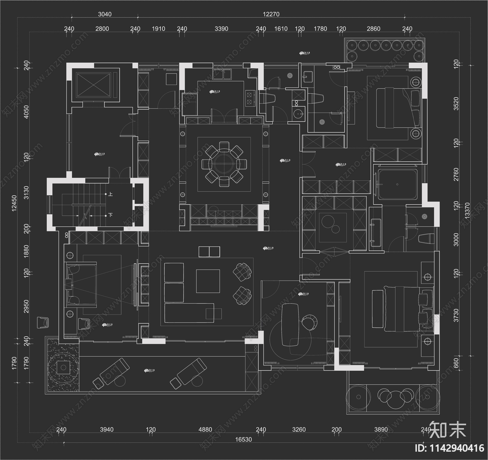 10套大平层室内平面布置图施工图下载【ID:1142940416】