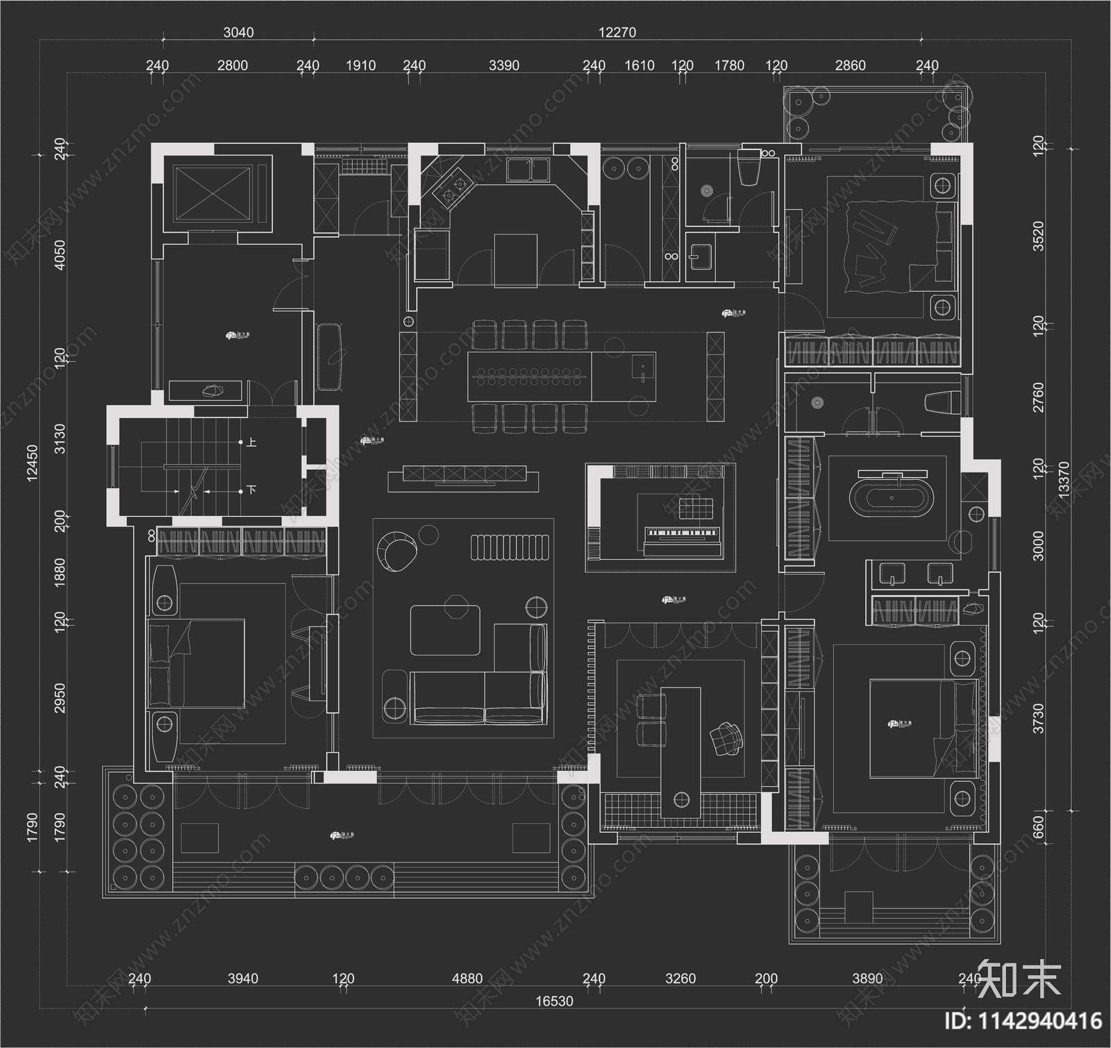 10套大平层室内平面布置图施工图下载【ID:1142940416】