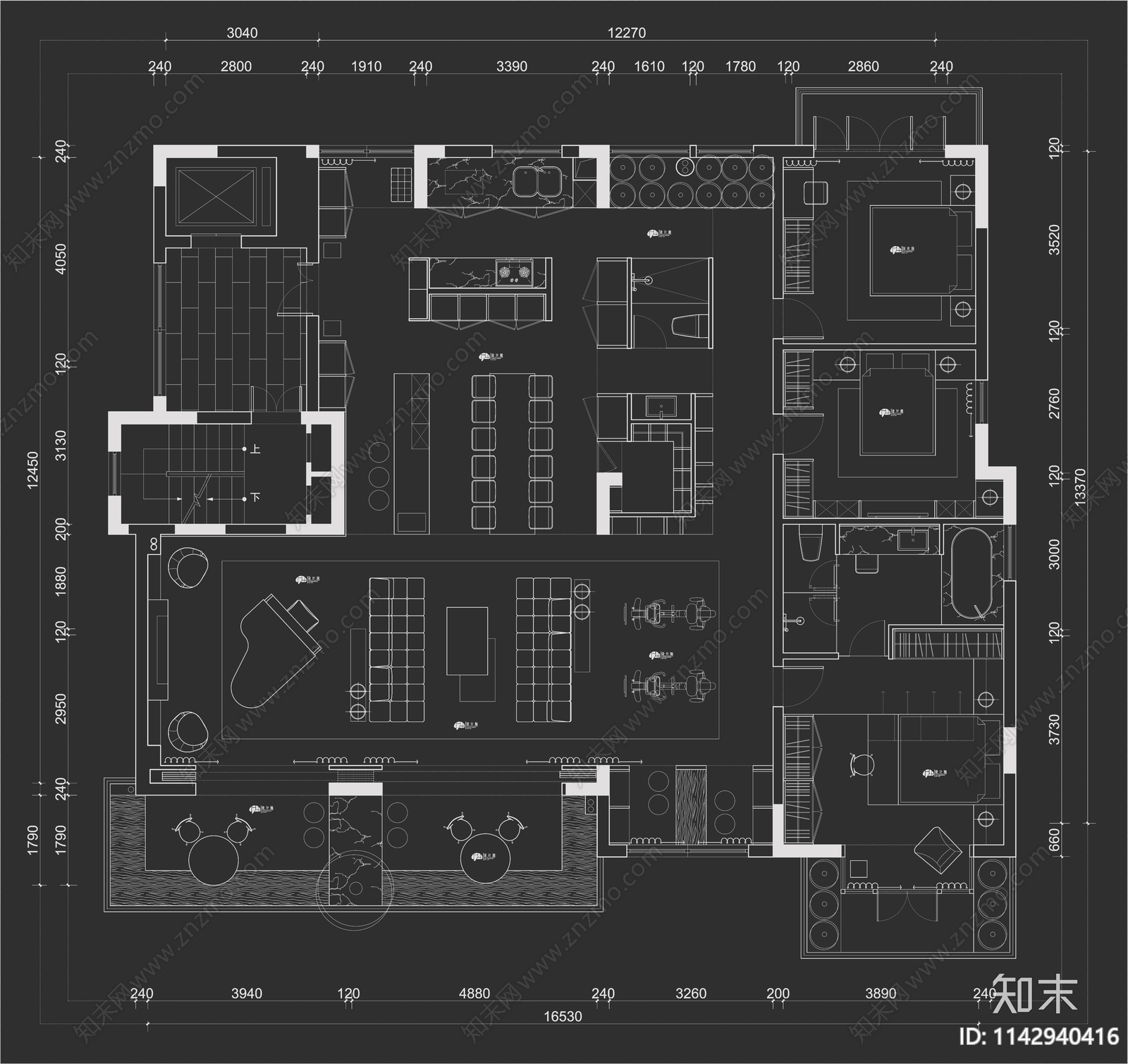 10套大平层室内平面布置图施工图下载【ID:1142940416】