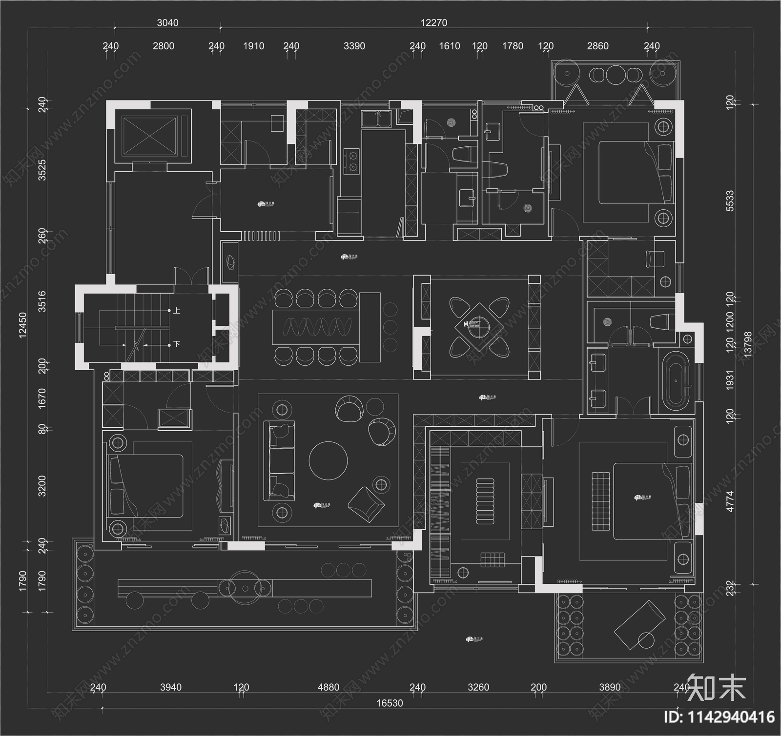 10套大平层室内平面布置图施工图下载【ID:1142940416】