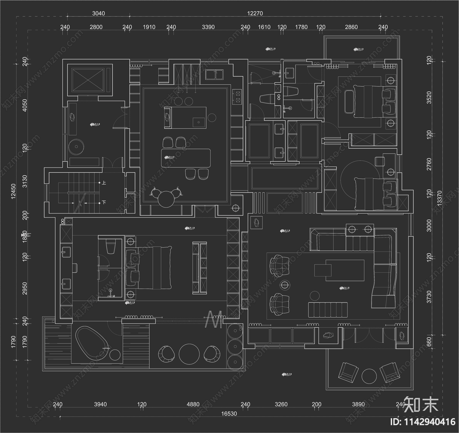 10套大平层室内平面布置图施工图下载【ID:1142940416】