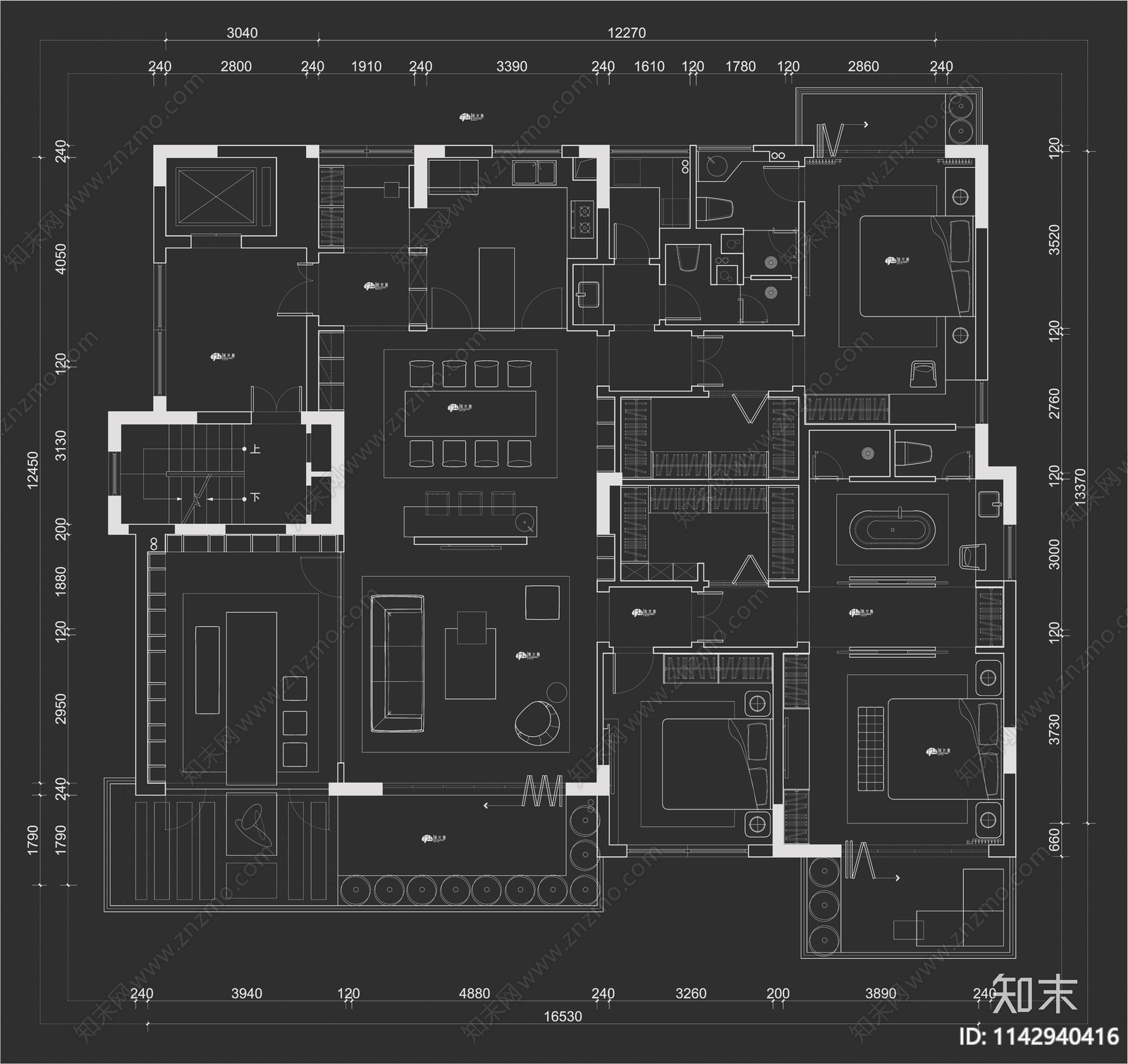 10套大平层室内平面布置图施工图下载【ID:1142940416】