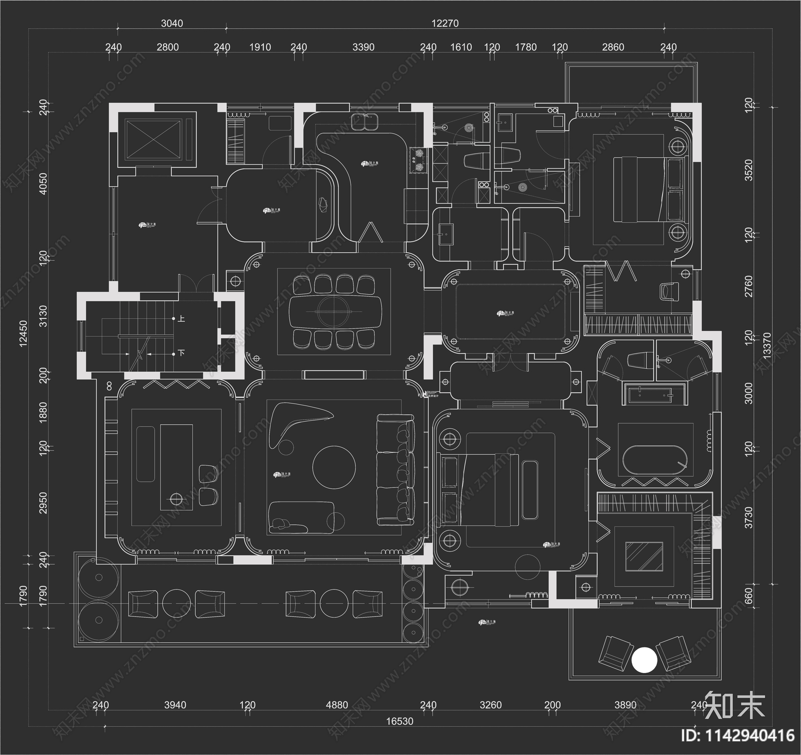 10套大平层室内平面布置图施工图下载【ID:1142940416】