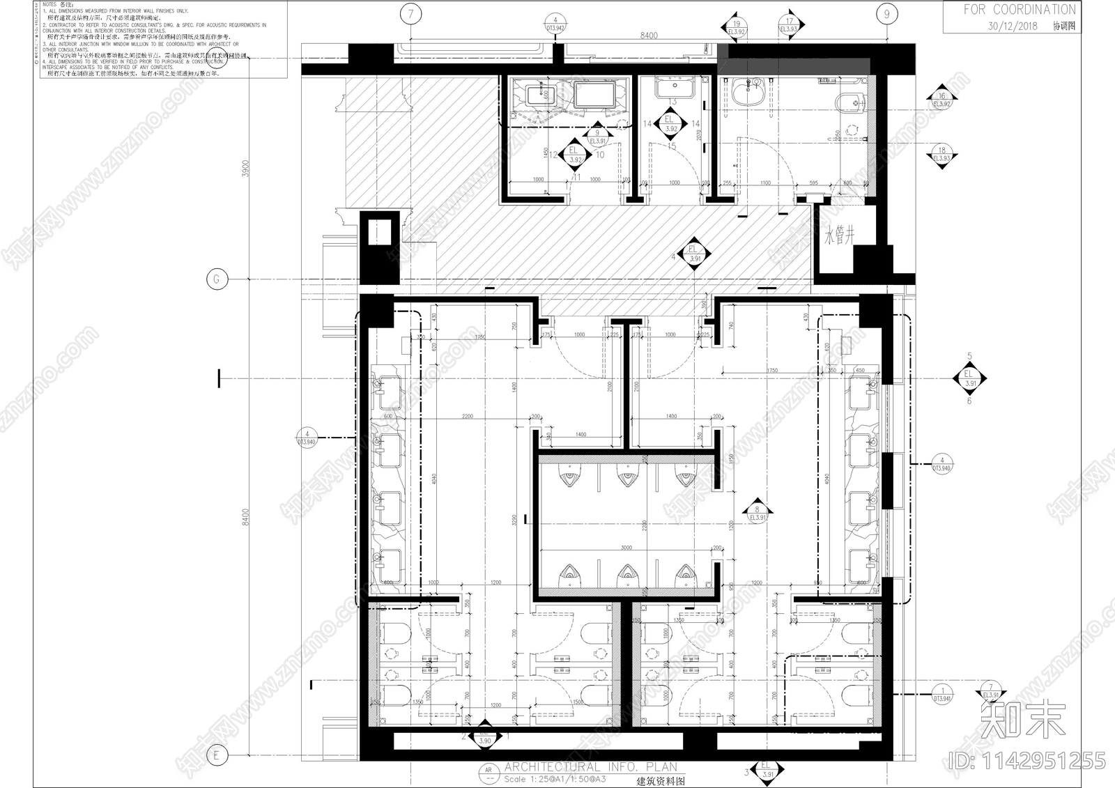 酒店残卫公共卫生间cad施工图下载【ID:1142951255】