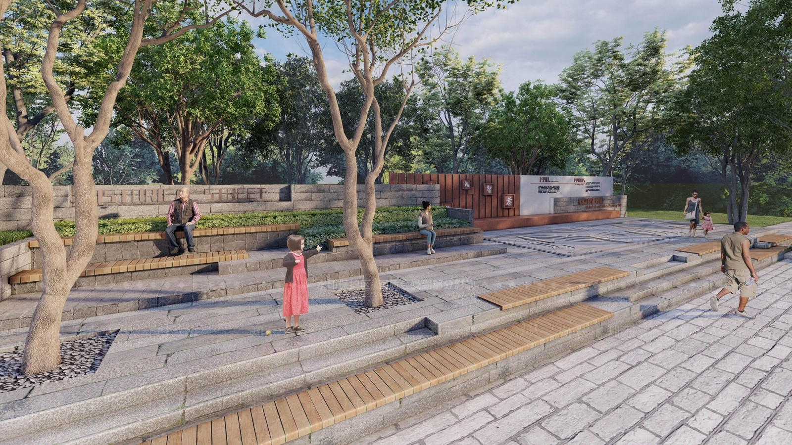 新中式街边文化广场景观SU模型下载【ID:1142952227】