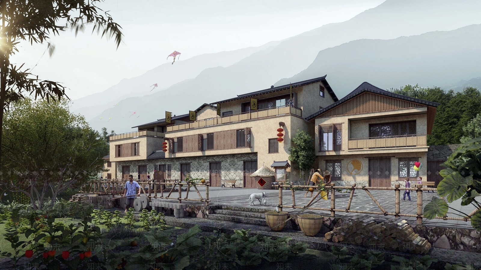 新中式山地民宿SU模型下载【ID:1142961975】