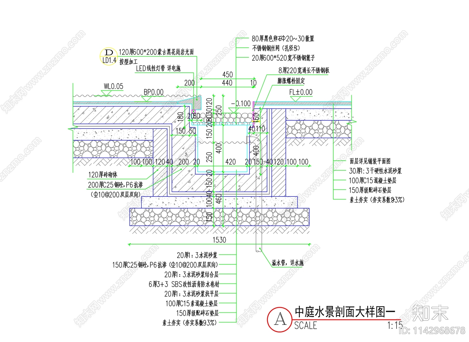 新中式中庭水景详图cad施工图下载【ID:1142968678】