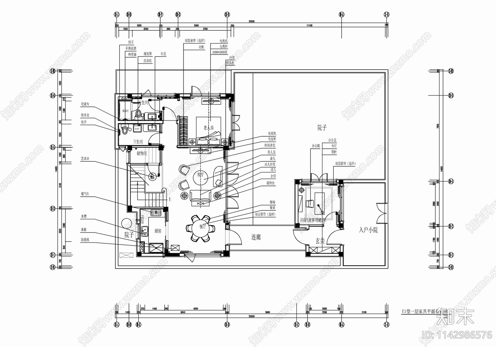 两层别墅家装室内cad施工图下载【ID:1142986576】