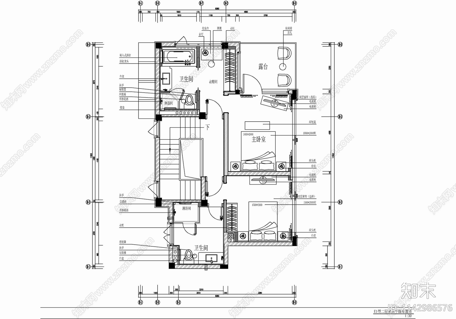 两层别墅家装室内cad施工图下载【ID:1142986576】