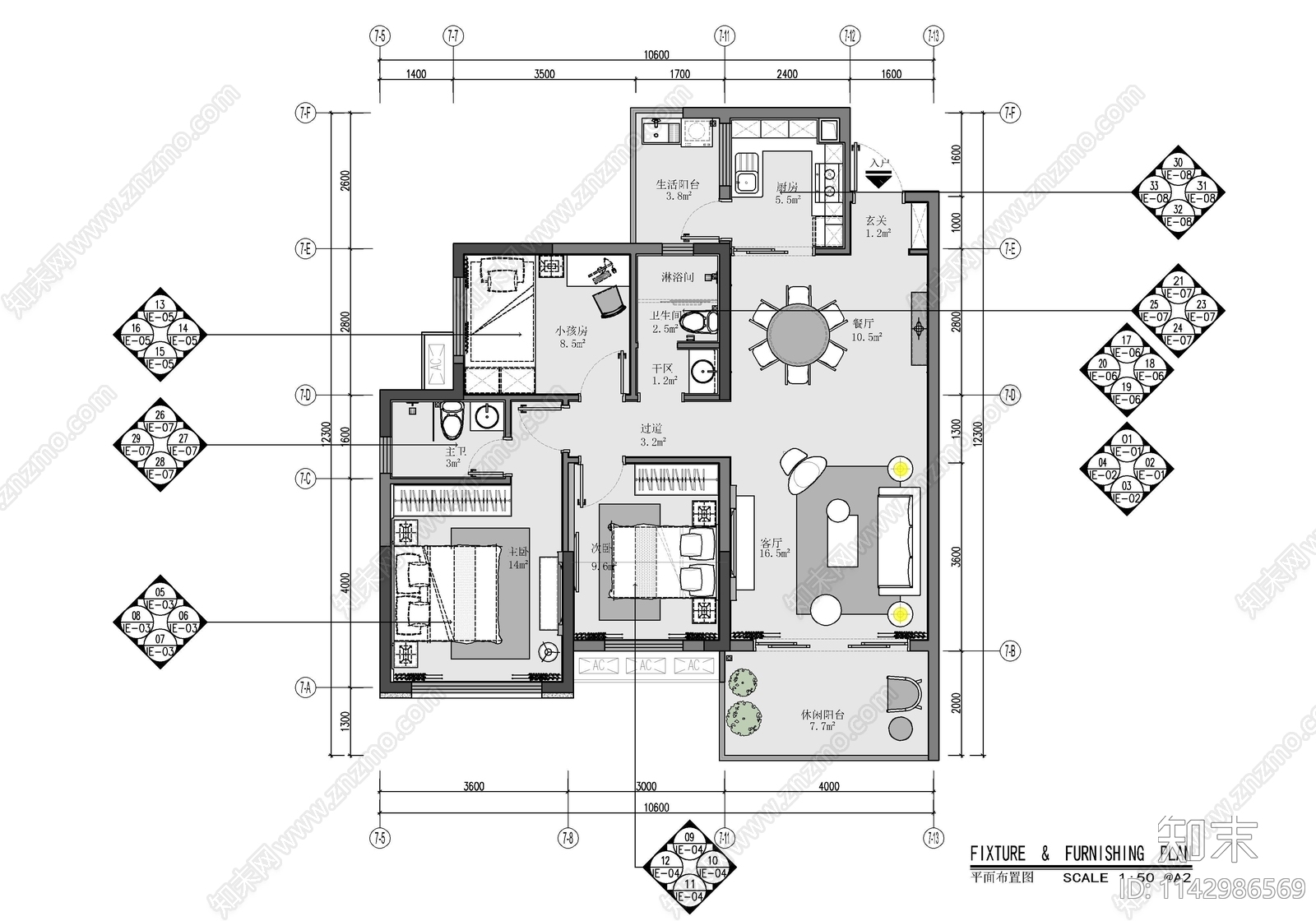 105㎡三居室家装cad施工图下载【ID:1142986569】