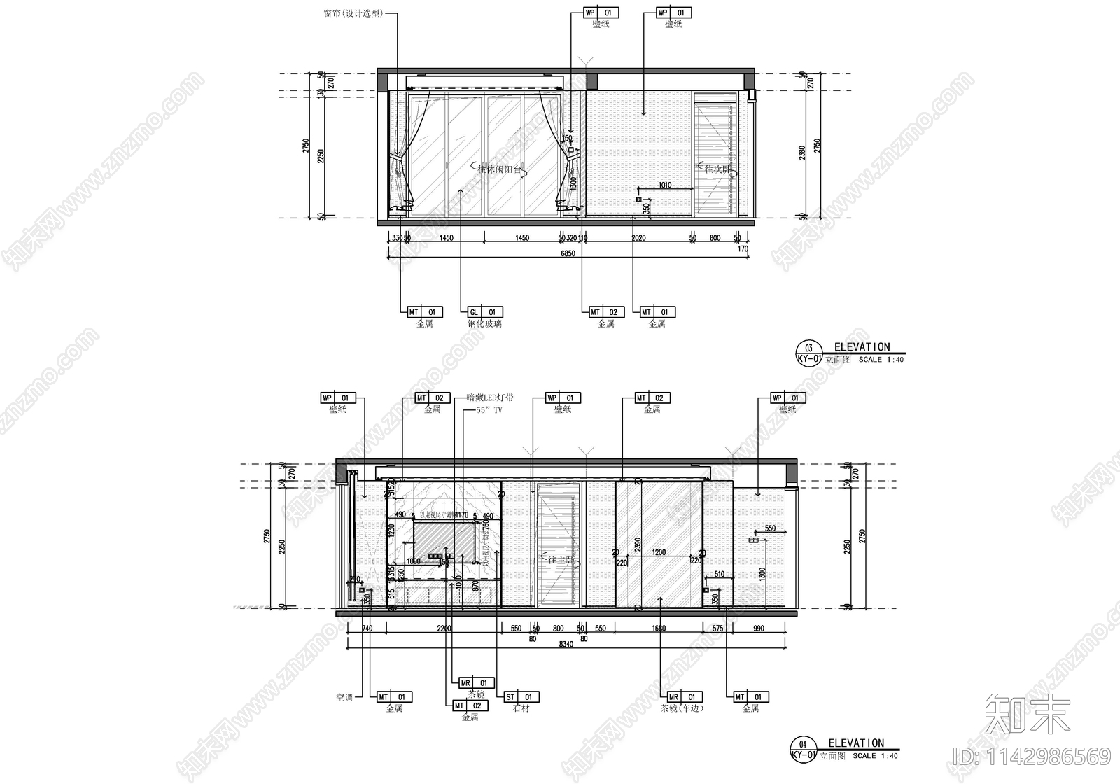 105㎡三居室家装cad施工图下载【ID:1142986569】