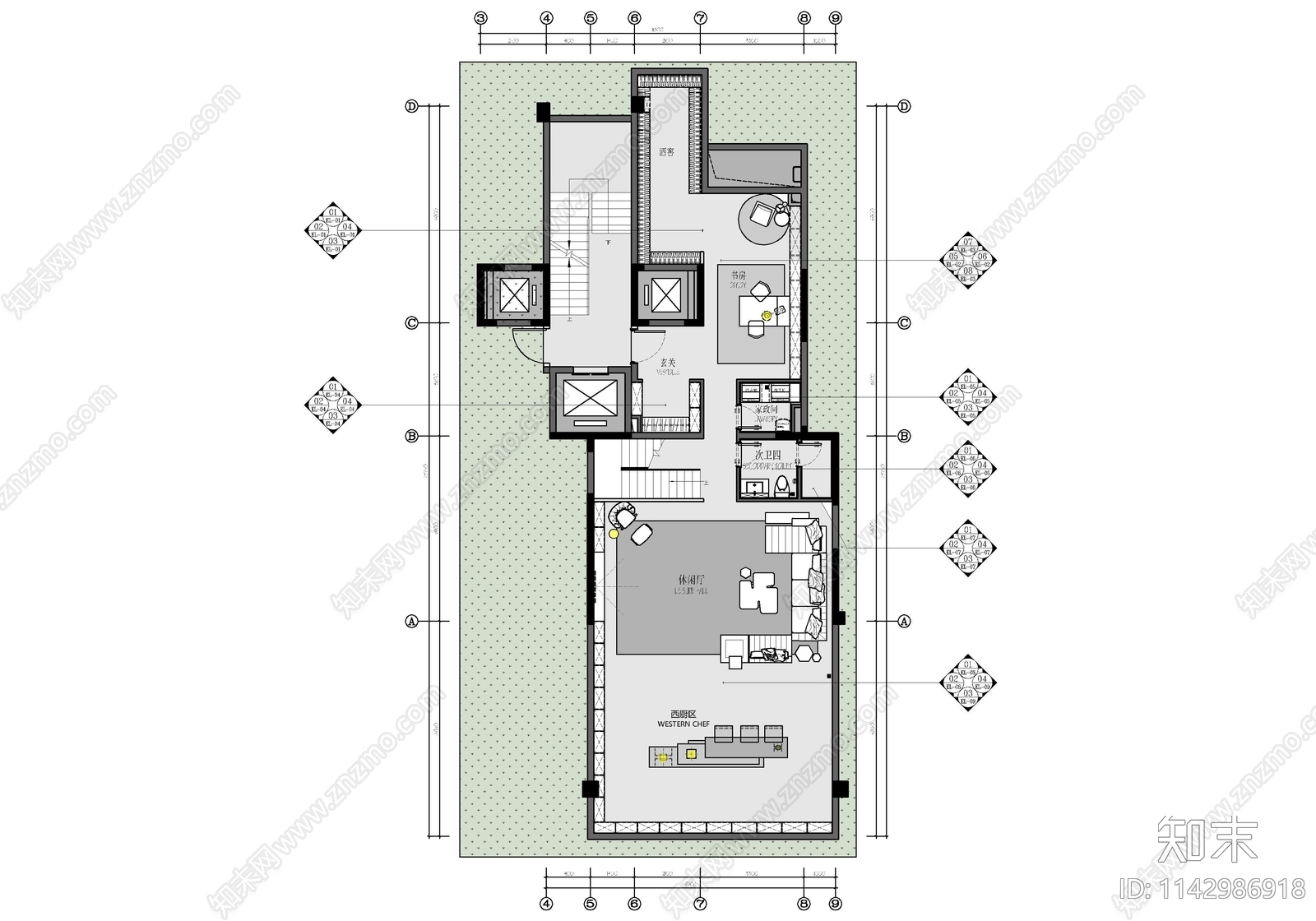 三层叠拼别墅室内施工图下载【ID:1142986918】