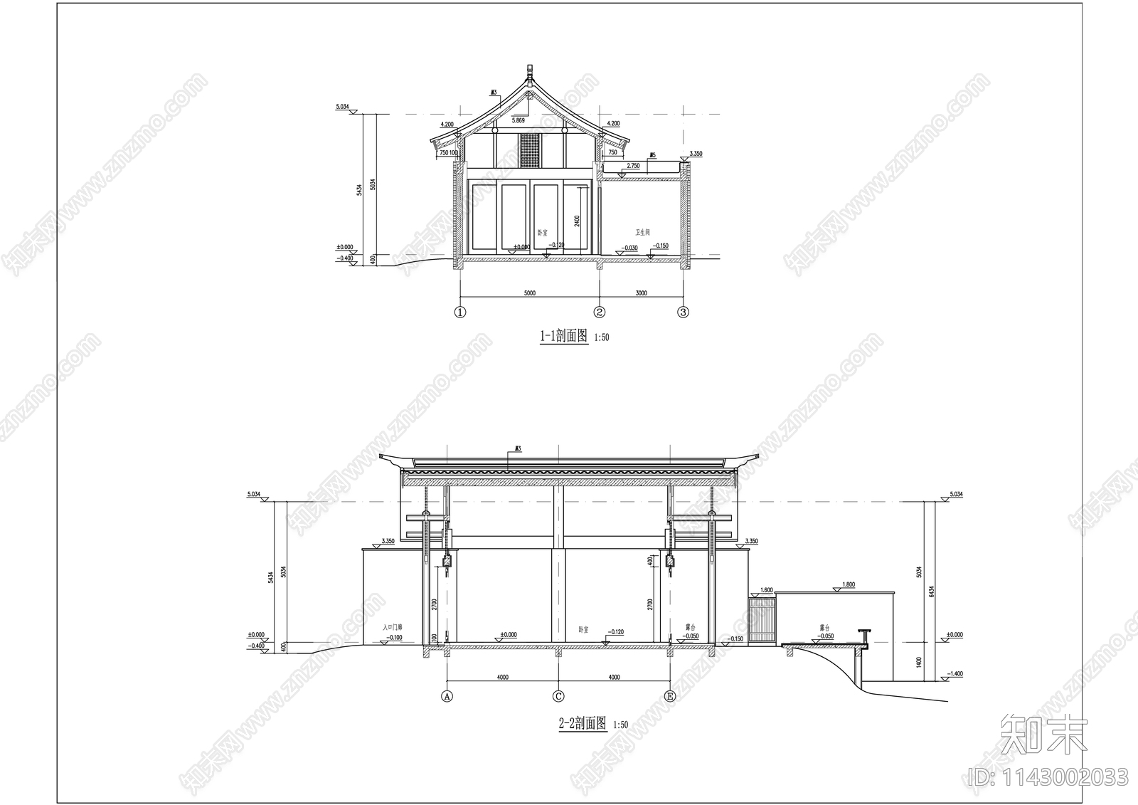 中式民宿建筑cad施工图下载【ID:1143002033】