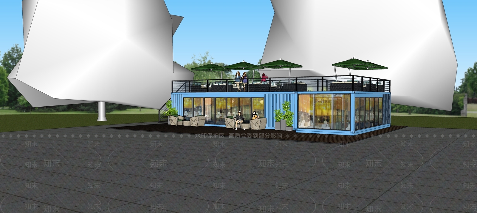 现代集装箱餐饮建筑SU模型下载【ID:1143025810】
