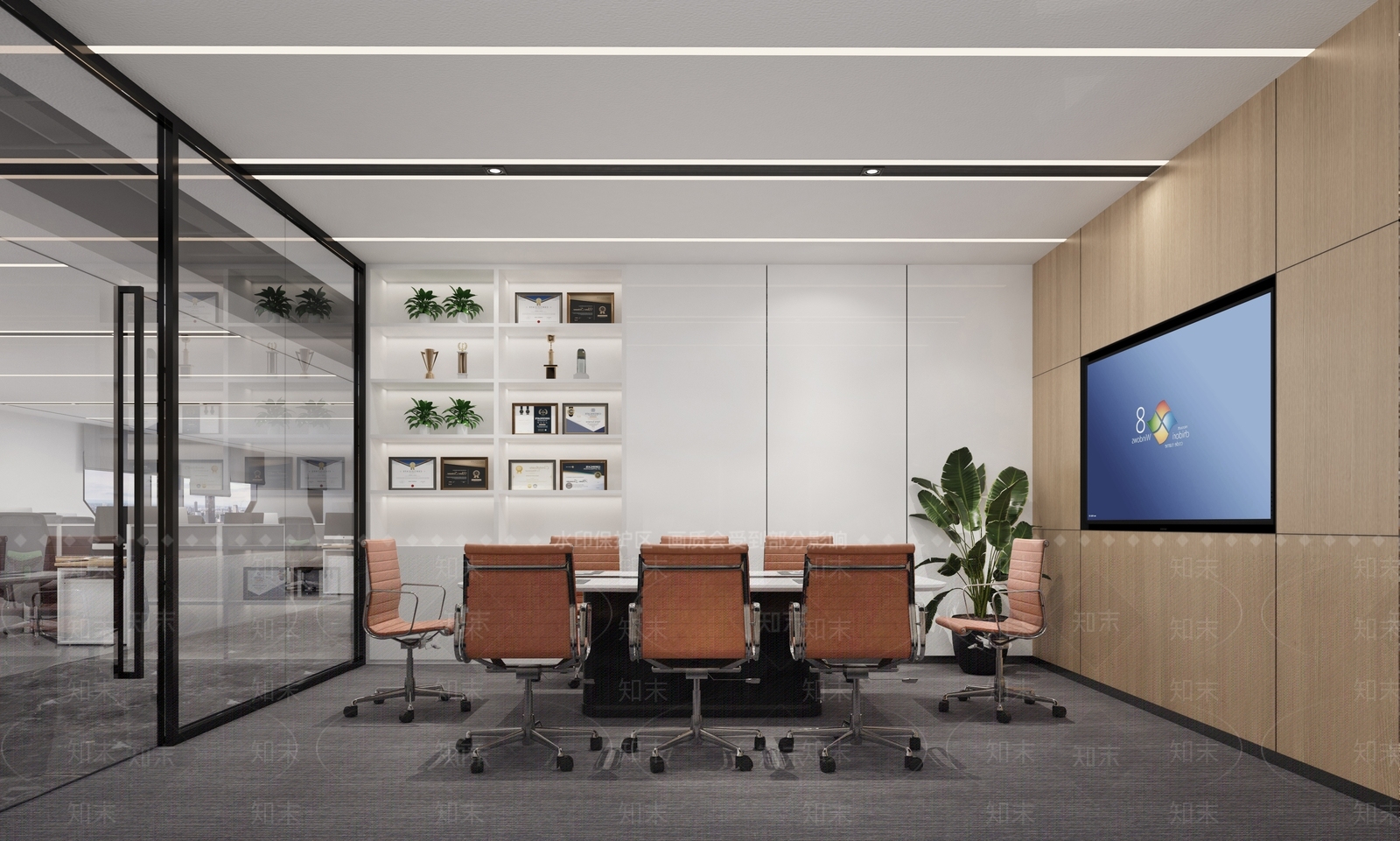 小会议室会议桌椅内嵌电视荣誉奖杯3D模型下载【ID:1143040353】