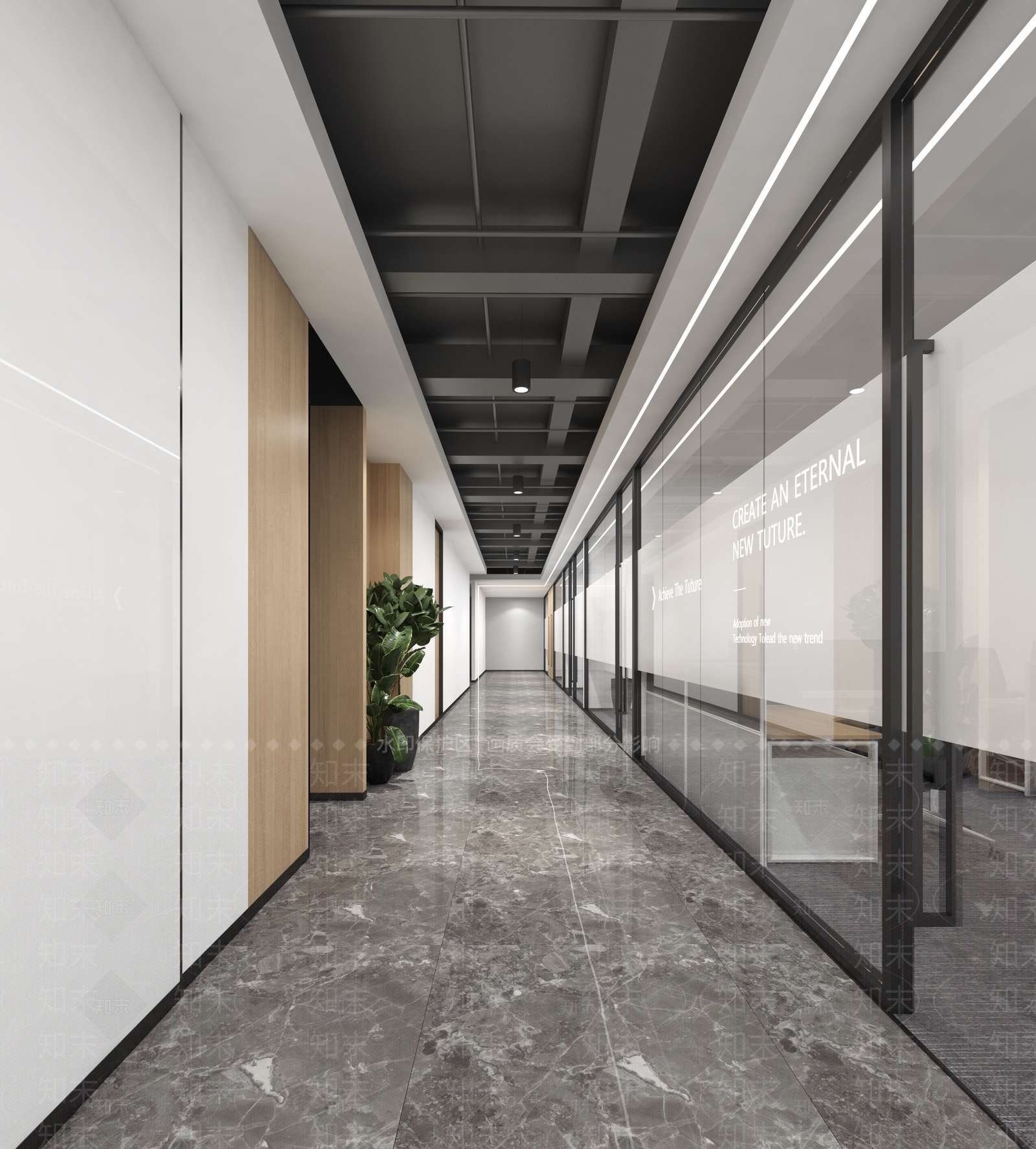 办公过道绿植玻璃贴3D模型下载【ID:1143041958】