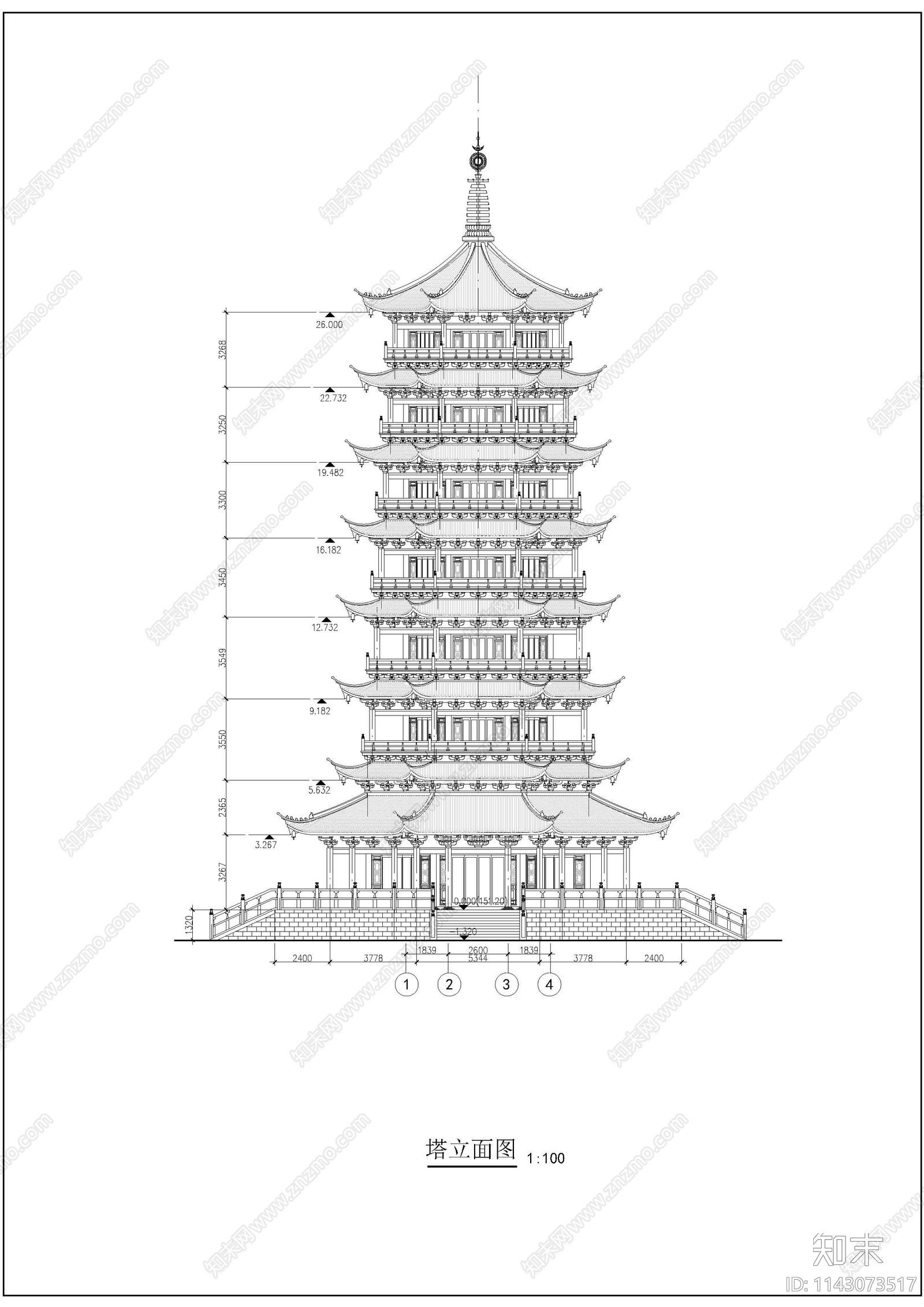 公园七层宝塔古建筑cad施工图下载【ID:1143073517】