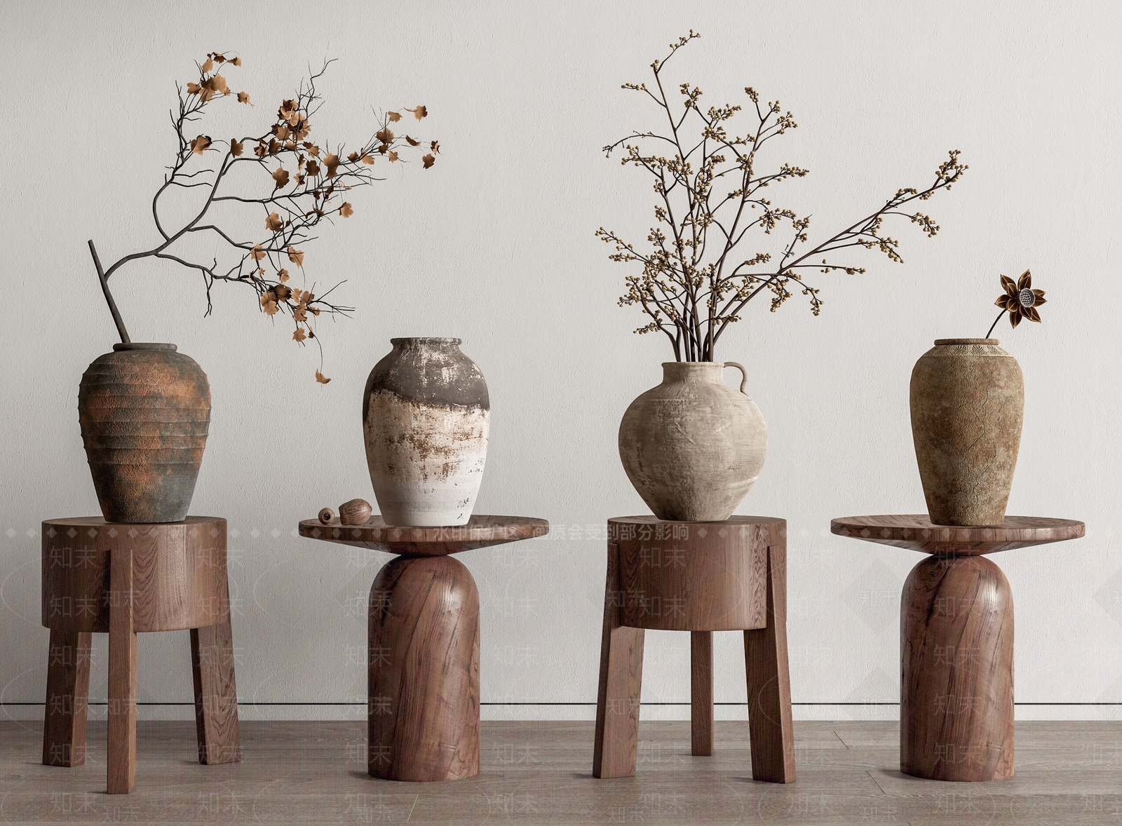 侘寂陶罐花瓶花艺SU模型下载【ID:1143076207】