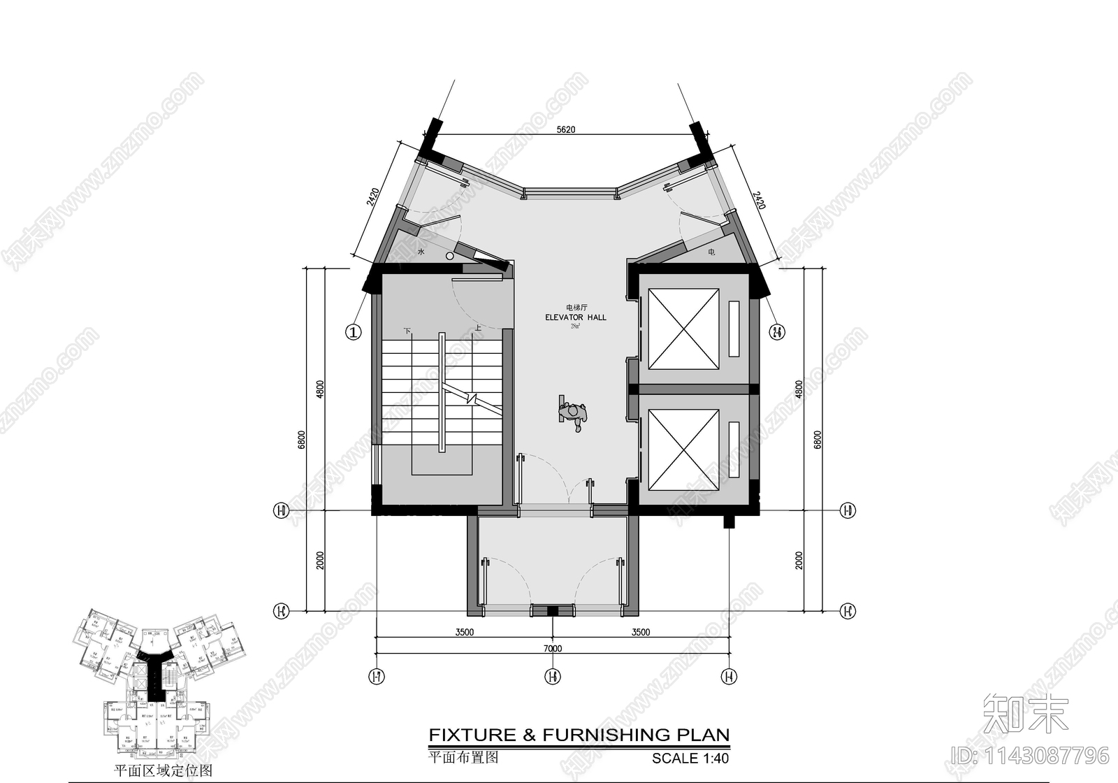 某住宅楼电梯厅室内cad施工图下载【ID:1143087796】