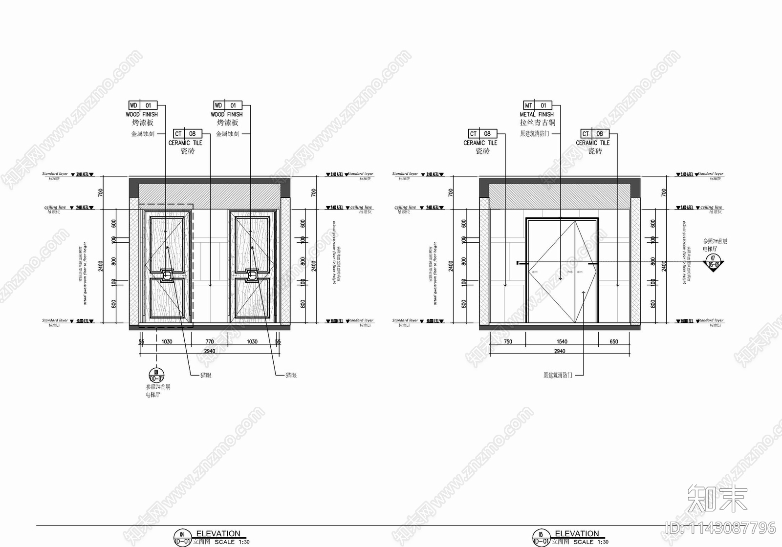 某住宅楼电梯厅室内cad施工图下载【ID:1143087796】