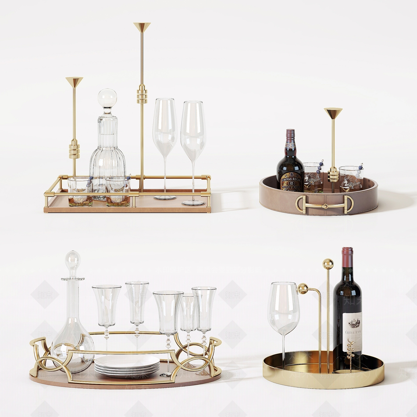 现代托盘酒瓶酒杯组合3D模型下载【ID:1143788595】