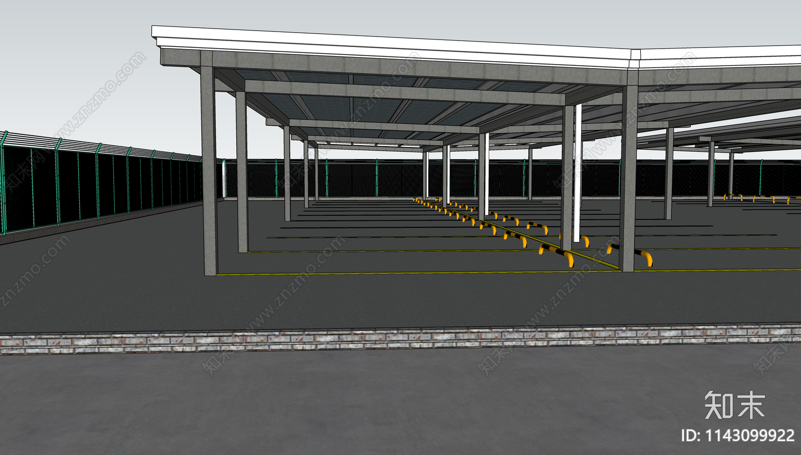 现代钢结构停车棚SU模型下载【ID:1143099922】