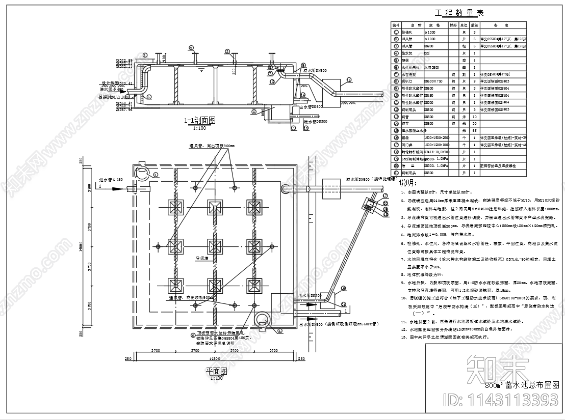 800立方方形清水池结构钢筋cad施工图下载【ID:1143113393】