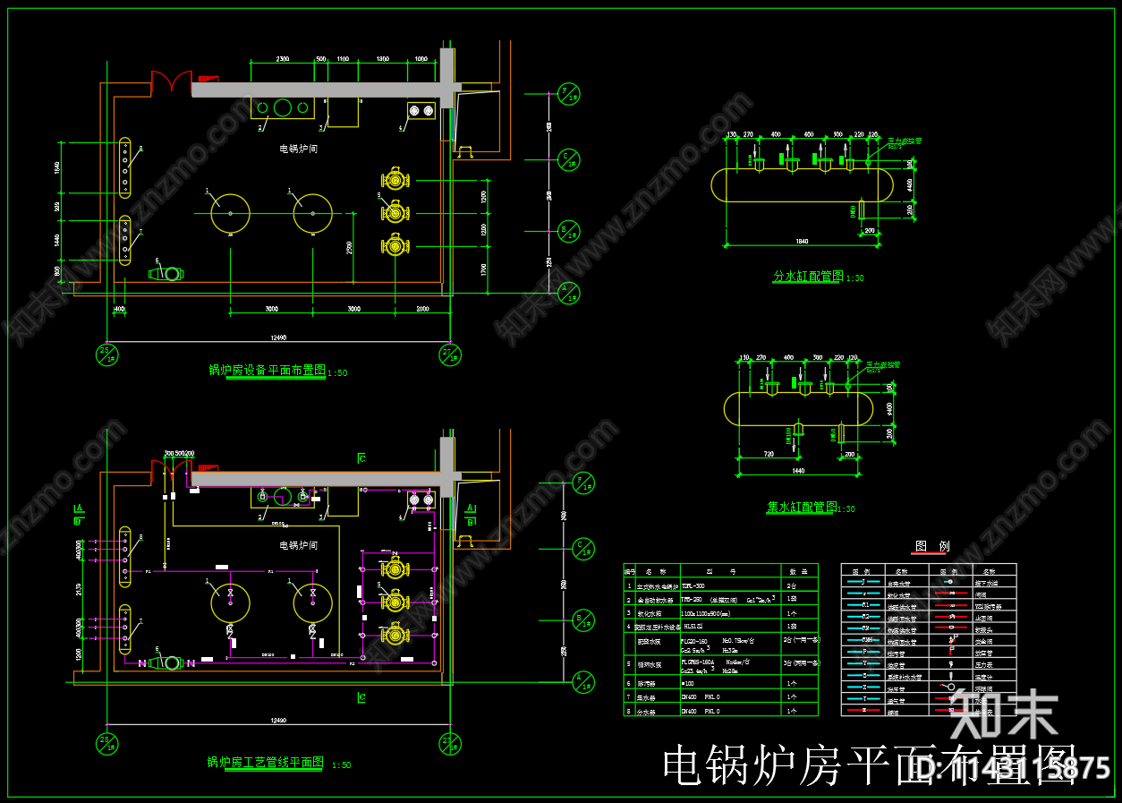 电锅炉房平面剖面热力系统cad施工图下载【ID:1143115875】